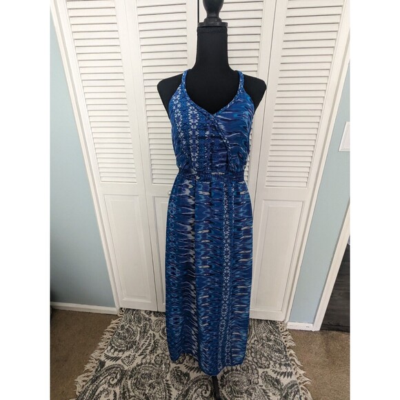 Charlie Jade Dress Womens sz S Sleeveless Maxi Blue Watercolor Faux Wrap Chiffon